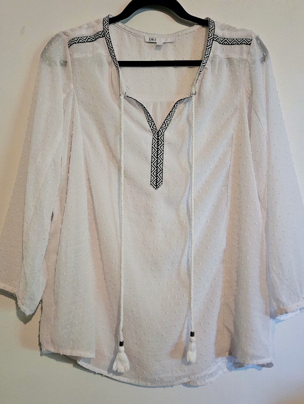 DR2 Womens Large White Swiss Dot Chiffon Boho Peasant Blouse Black Trim